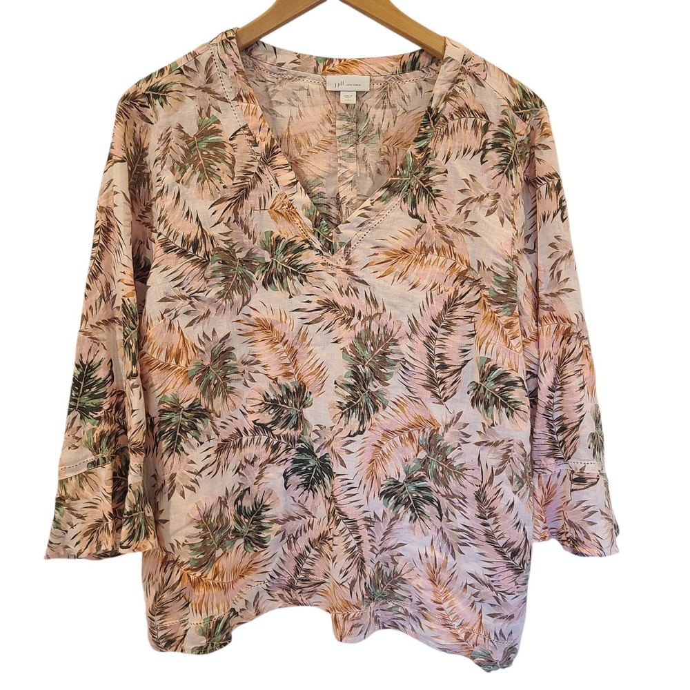 J Jill Love 100% Linen Blouse Large Petite Pink Green Palm Leaf Print 3/4 Sleeve